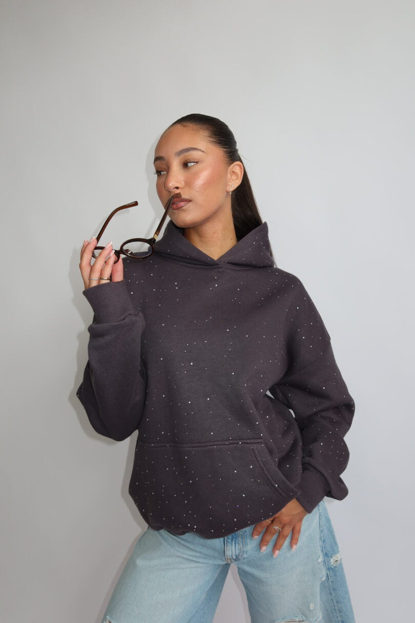 PRIORITY RHINESTONE HOODIE – GRAY