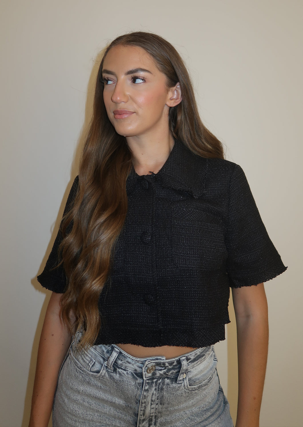 Cropped Bouclé Top - Black