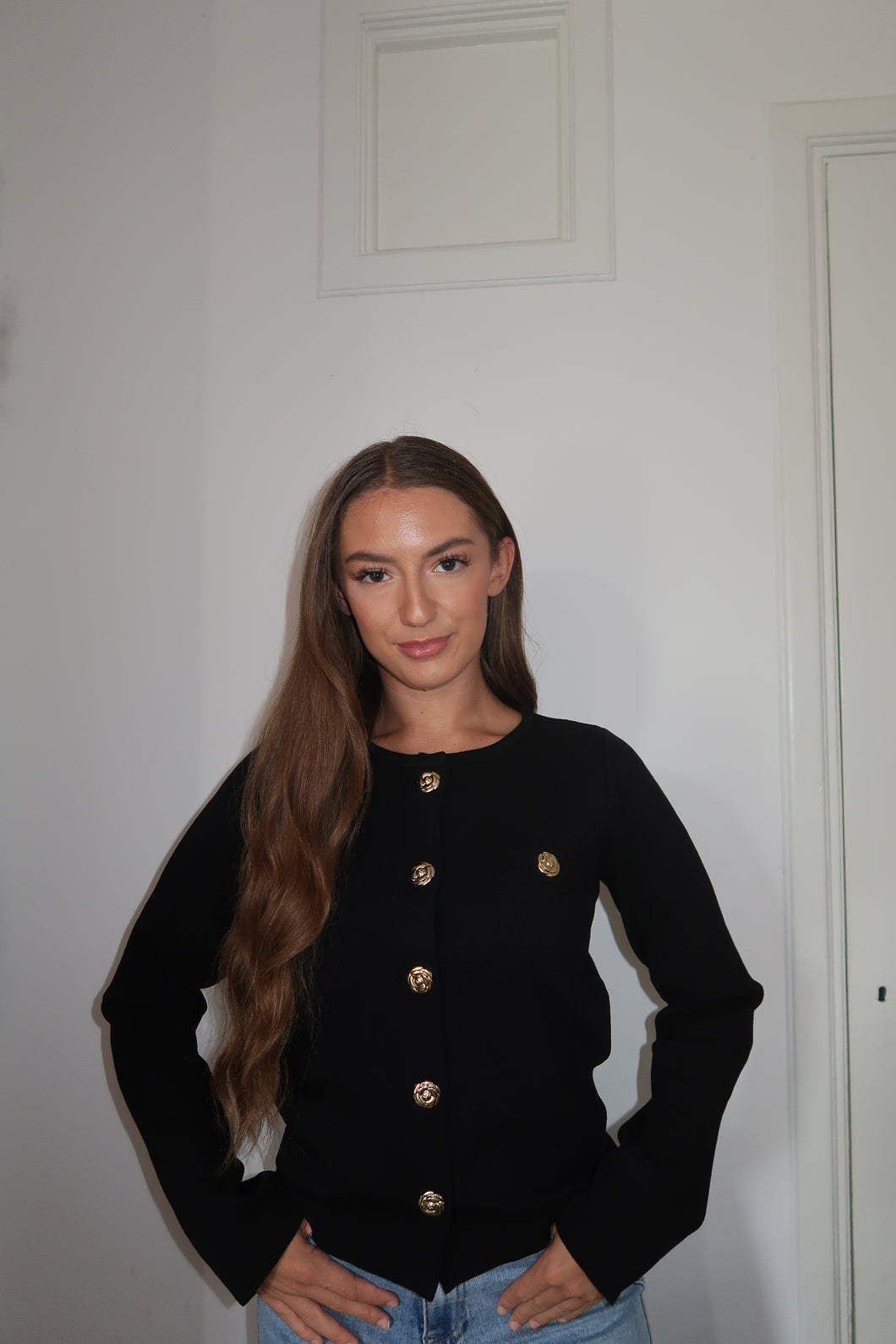 Knitted Button Long Sleeve Top - Black