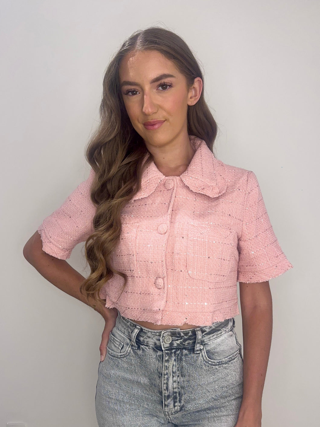 Cropped Bouclé Top - Pink