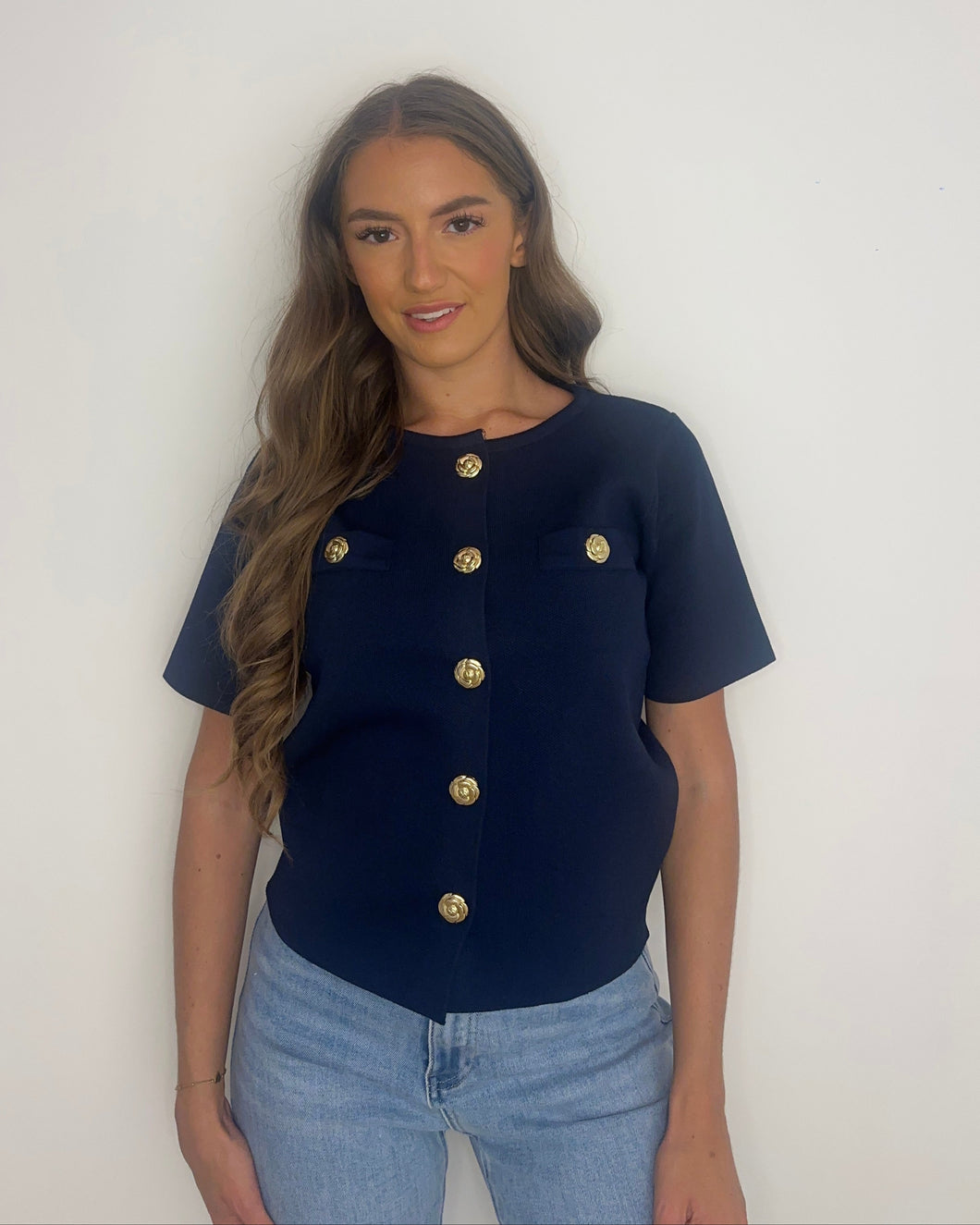 Knitted Button Top – Navy