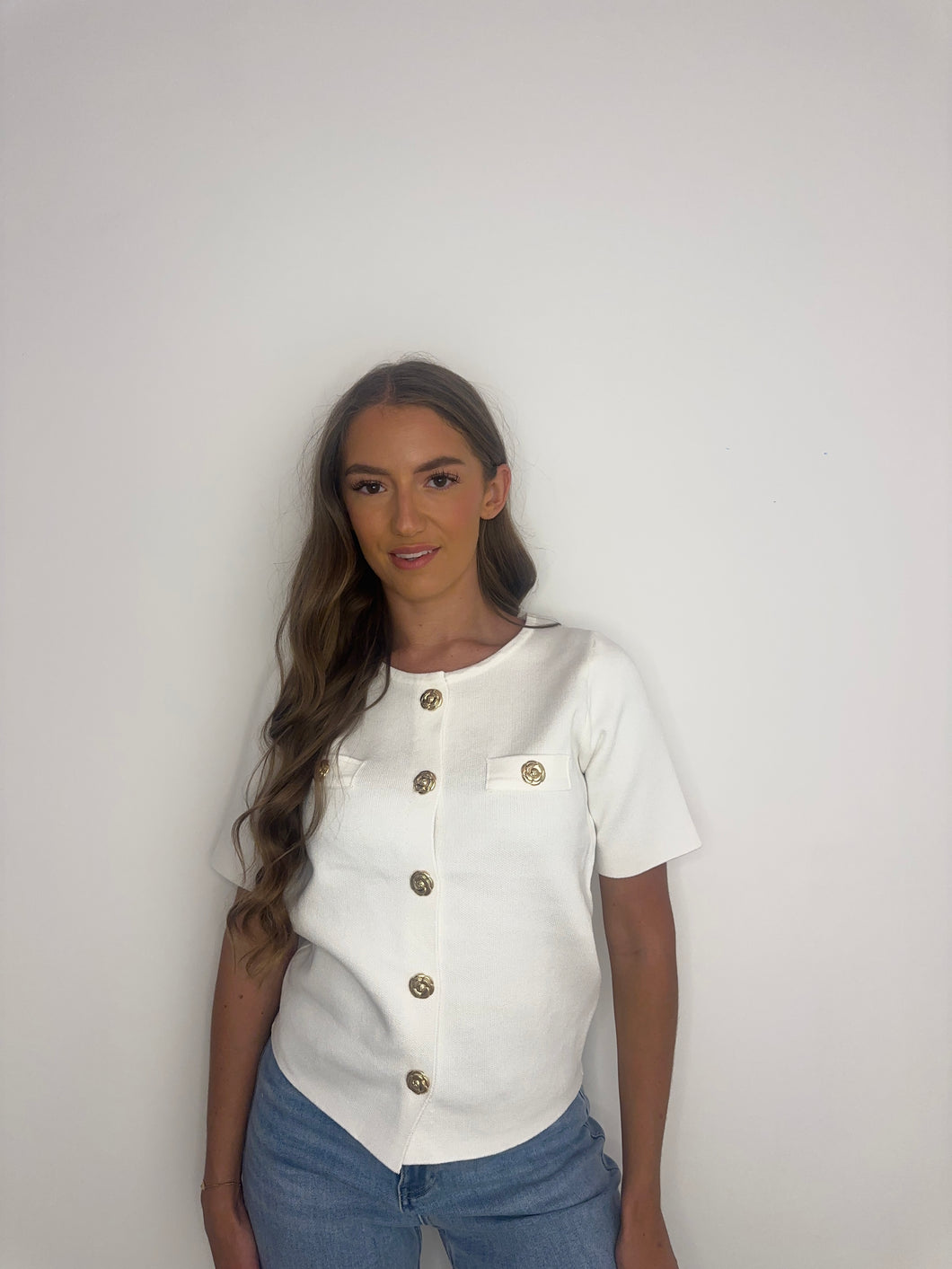 Knitted Button Top – White